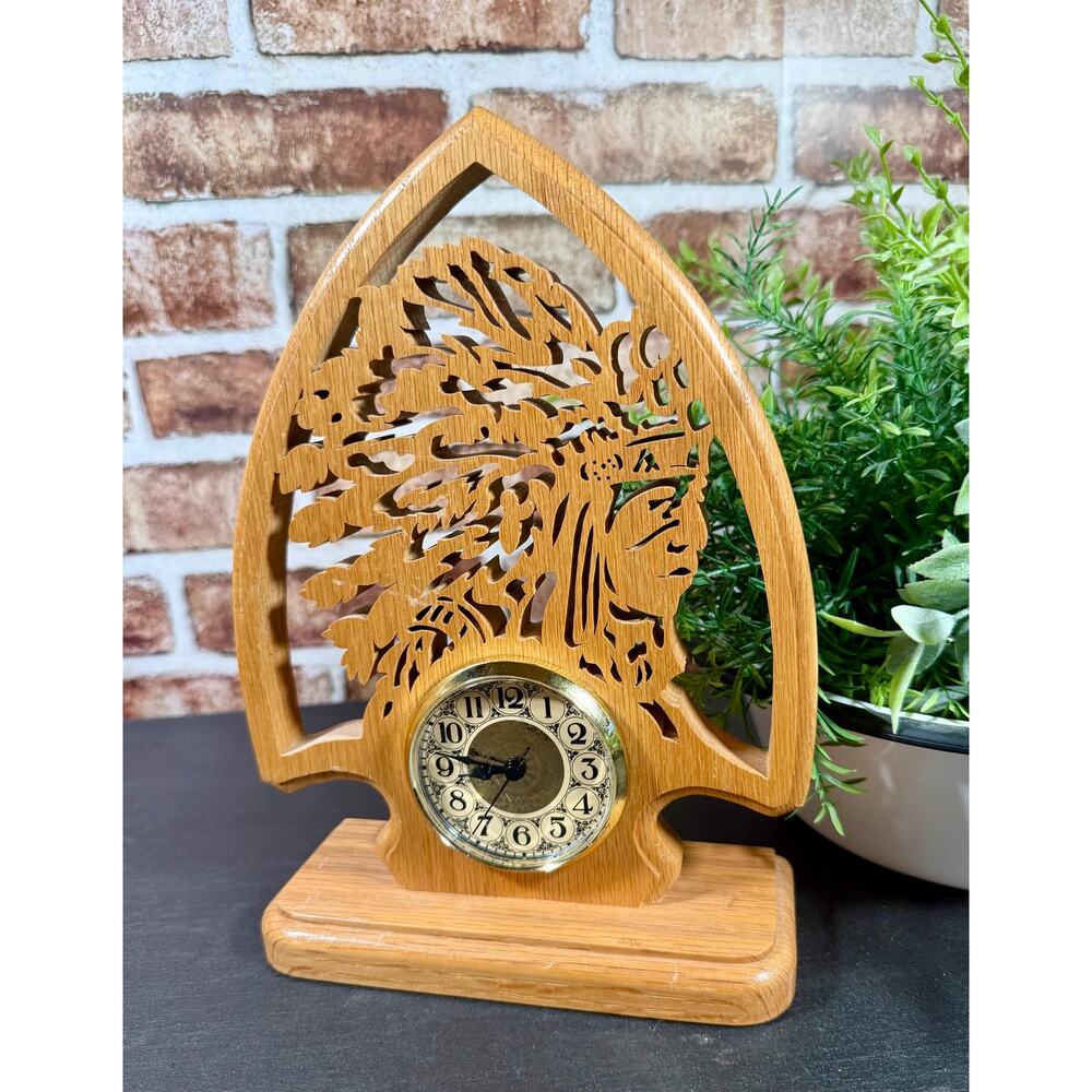 Handmade Arrowhead & Indian Chief Wood Mantel Clock, Ornate Native American